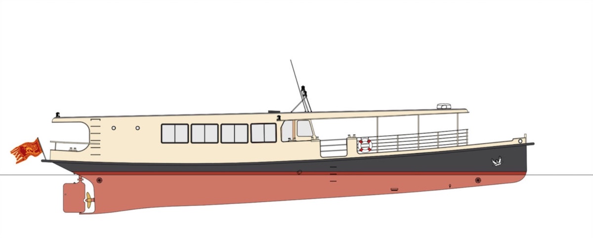 Das zum Privatdampfer mit Bug- und Heckstrahlruder umgebaute Schiff