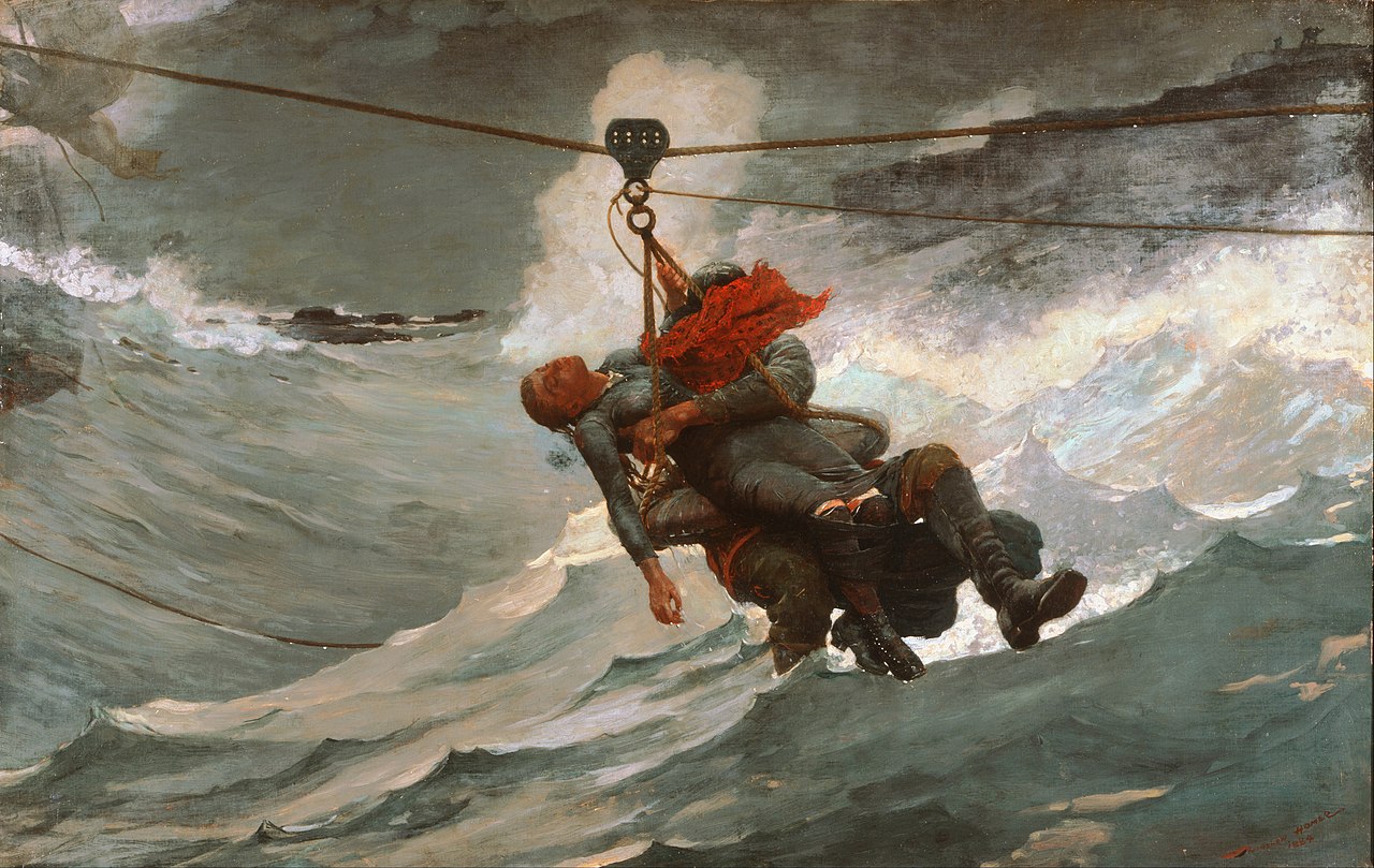 Rettung Schiffbr&uuml;chiger in einer Rettungshose. Die Leine wurde von Land aus auf das Schiff geschossen. Gem&auml;lde von Winslow Homer/1884 &copy; Elkins Collection/Public Domain/Philadelphia Musuem of Art
