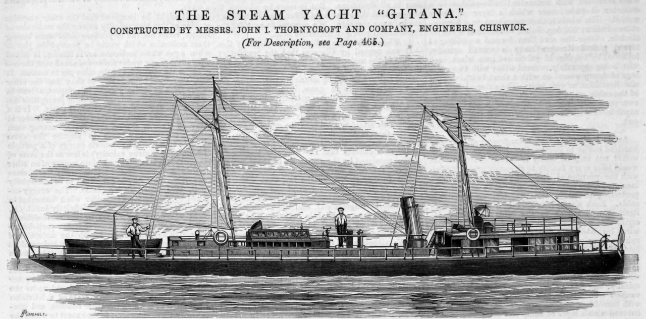 &bdquo;La Gitana&ldquo; mit Matrosen an Deck und der Baronin unter dem Sonnenschirm